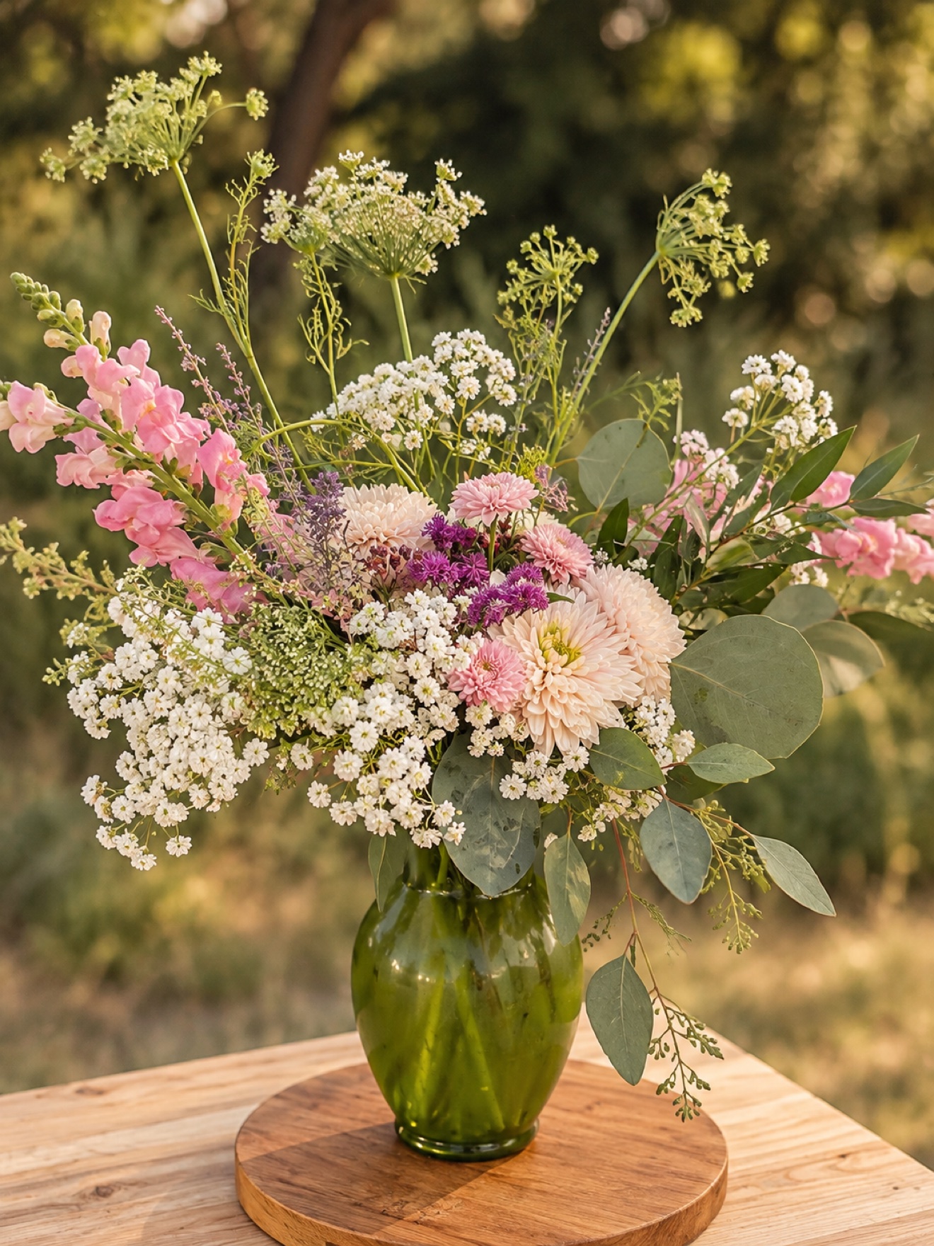 Garden-style bouquet in green vase